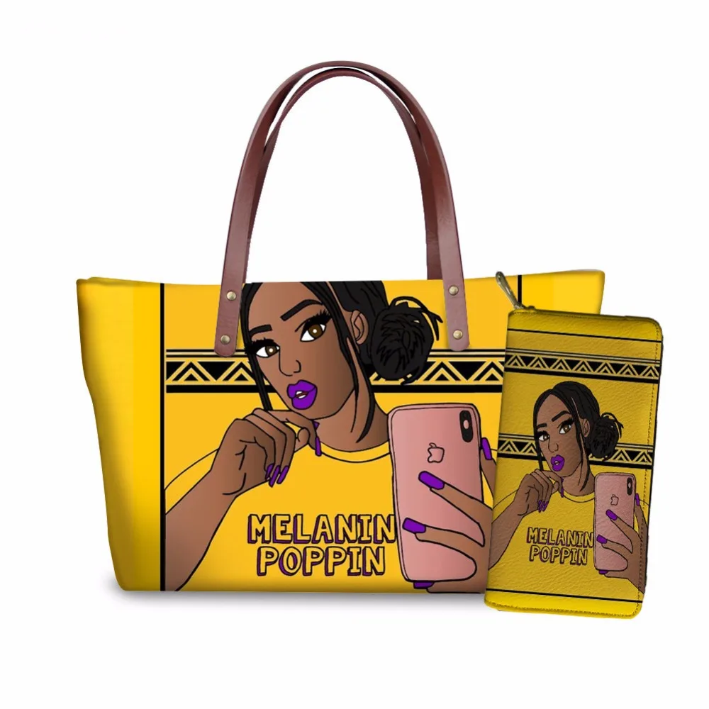FORUDESIGNS/2 шт. сумки набор для женщин черный искусство афроамериканские Девушки Печать пляжные сумки Дамская сумочка и кошелек женские сумки