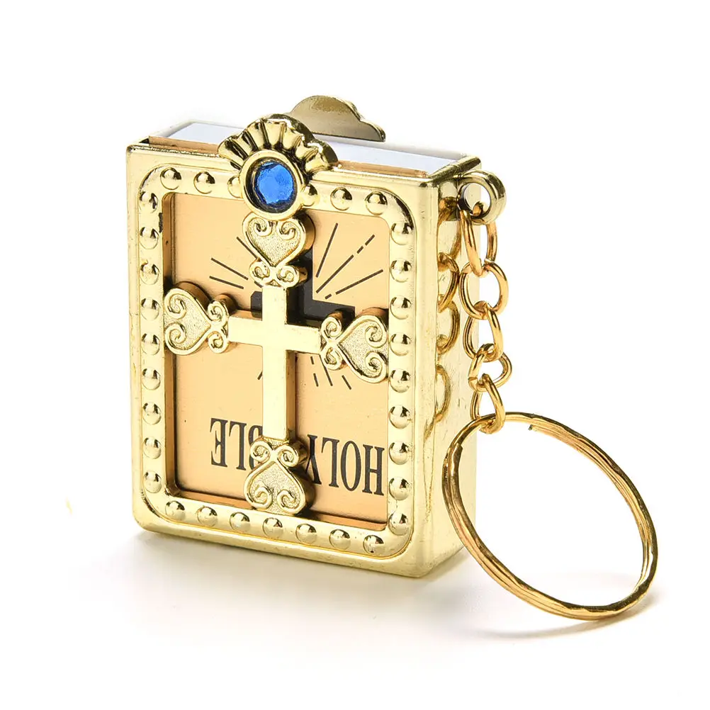 

Special Gold Silver Mini Holy Bible Keychain English Religious Miniature Paper Spiritual Christian Jesus Cover Keyring Gift