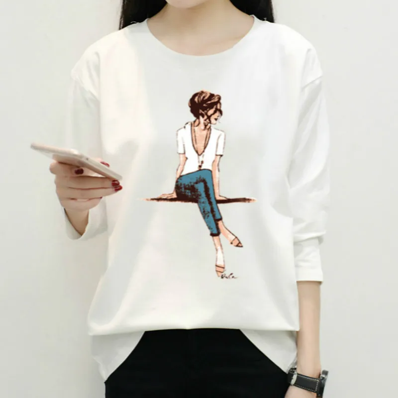 

Spring Autumn Round Collar Long Sleeve T-shirt Women's Loose 2019 New Fashion Printing Female Simple Women Tshirt Tops Lady