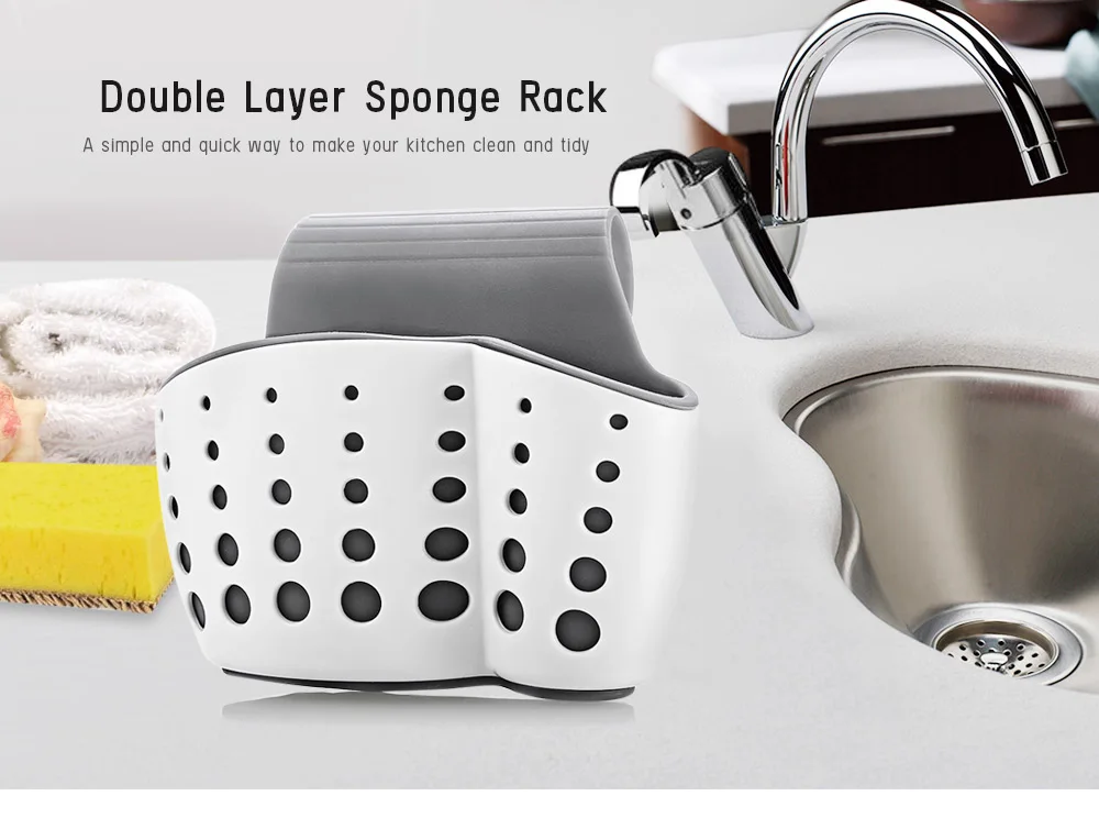 Adjustable Double Layer Sponge Rack Sink Shelf Snap Button Holder