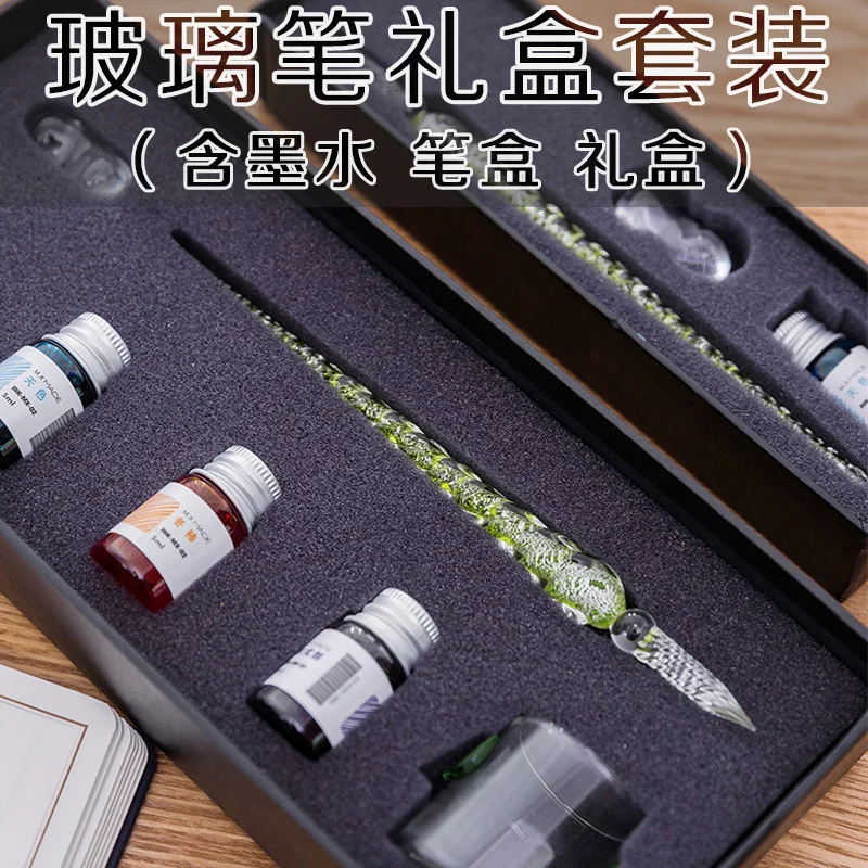 Günstige Kreative Glas Stift Tauch Wasser stift Art schrift Kristall brunnen pen set Exquisite geschenk Box Pluma estilografica pluma de vidrio