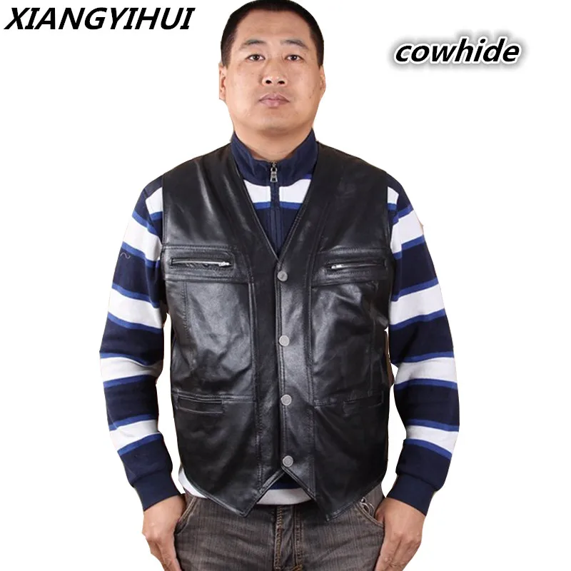 

New Men's Waistcoat Genuine Leather Reporters Suit More Than Pocket Quinquagenarian Men Cow Leather Vest Tops Sleeveless Jacket