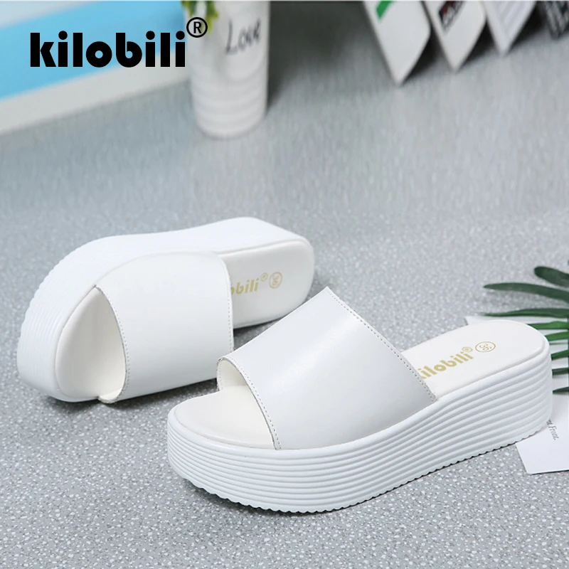 Kilobili/2019 г. летние женские шлепанцы черно белые Тапочки из натуральной кожи с