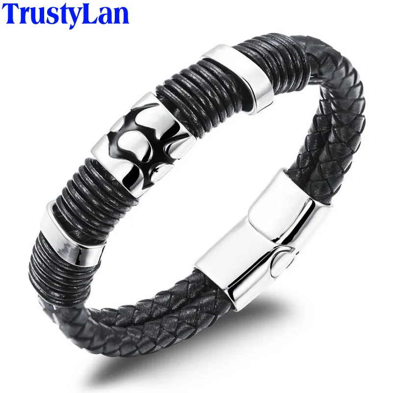 Buy TrustyLan Cool Black Genuine Leather Bracelet Men Fashion Jewelry Vintage