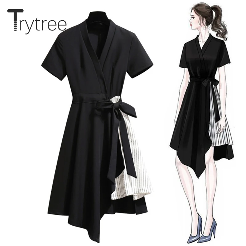 

Trytree Summer Dress Casual V-Neck Black Shirt Patchwork Asymmetrical Stripe Hem Women dresses Belt Office Lady A-Line Dress