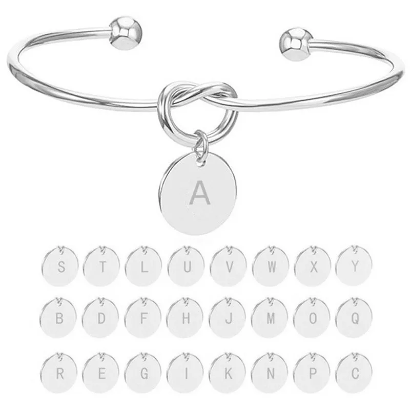 

European American Style Metal Simple Knotted Bracelet A-Z 26 Letters Initial Charm Bracelet Love Bangles for Women Jewelry #W