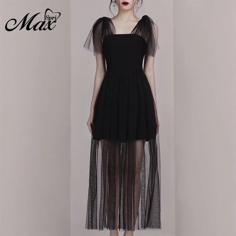 

Max Spri 2019 Fashion Style Women Dress Sleeveless Lace Bow Tie Mini Dress Lace Hem Spaghetti Strap Sexy Party Dress