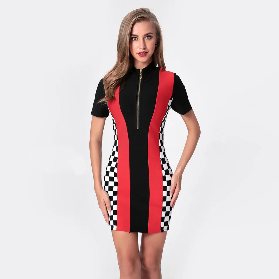 Turtleneck-Short-Sleeve-Above-Knee-Bodycon-Dress-Womens-Plaid-Color-Match-Mini-Bandage-Dresses-Ropa-Verano