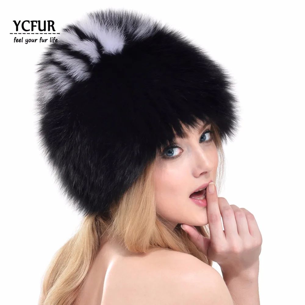 

[YCFUR] Women Beanies Hats Winter Warm Soft Sew Strips Fox Fur Caps Hats Female Cap Hat For Women