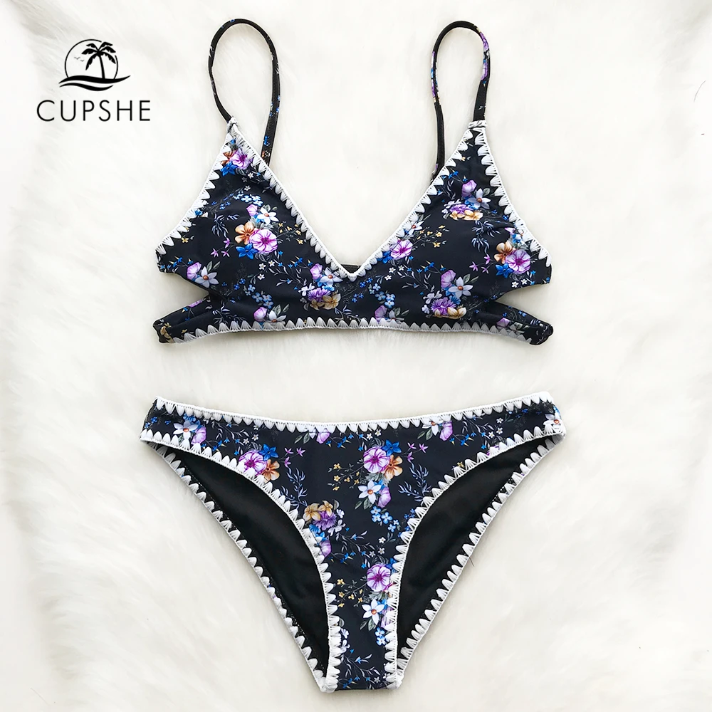 

CUPSHE Flower Print Bikini Set Women Adjustable Thong Bikini Two Pieces Swimwear 2019 Summer New Female Beach Sexy Swimsuits