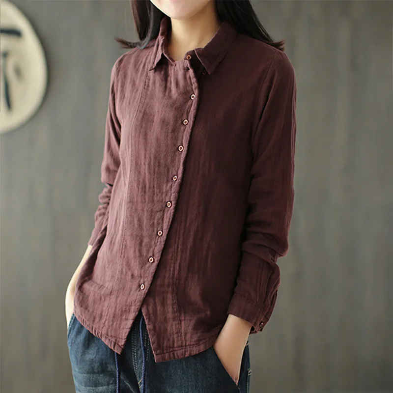 

Women's Cotton Linen Long Sleeve Blouse Top White Solid Skew Collar Vintage Women Tops and Blouses Summer Spring Shirt Woman