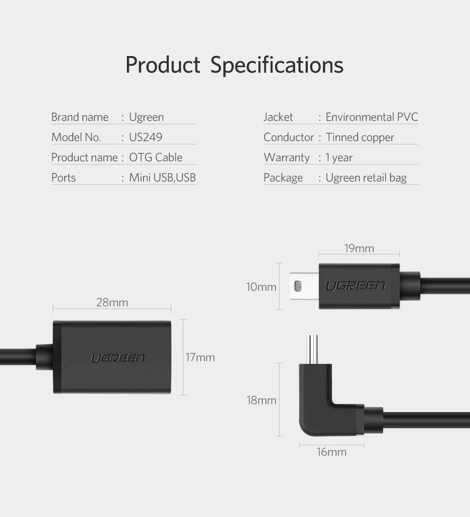 Ugreen USB адаптер Mini USB 2,0-USB OTG кабель для MP3 MP4 жестких дисков цифровых камер PC gps HDD OTG адаптер Mini USB адаптер