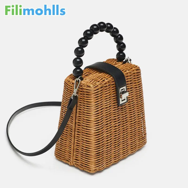 

2019 Brand Designer bead hand-woven straw bag women samll Tote Bags for Summer Travel Handle Bag Ladies Shoulder for Girl S1857
