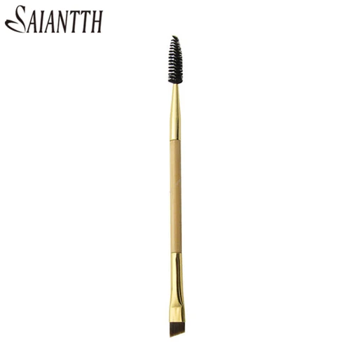 Saiantth двойной головкой кисть для бровей карандаш для бровей ресницы Кисть для завивки ресниц бамбуковой ручкой золота алюминиевая трубка макияж инструменты - Handle Color: Золотой