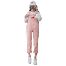 Новые джинсы для женщин BF стиль комбинезоны девочек Chic милый сладкий джинсы клубника вышивка плиссированные Комбинезоны Женский#2804