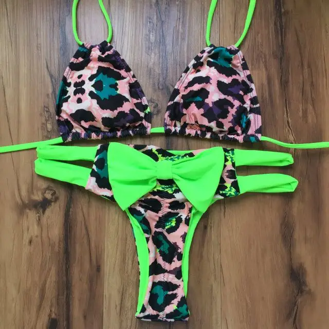 BANDEA, сексуальное бикини с принтом, пуш-ап, купальник, женский купальник бикини с бантом, Бразильский бикини, набор, пляжный купальник - Цвет: green leopard