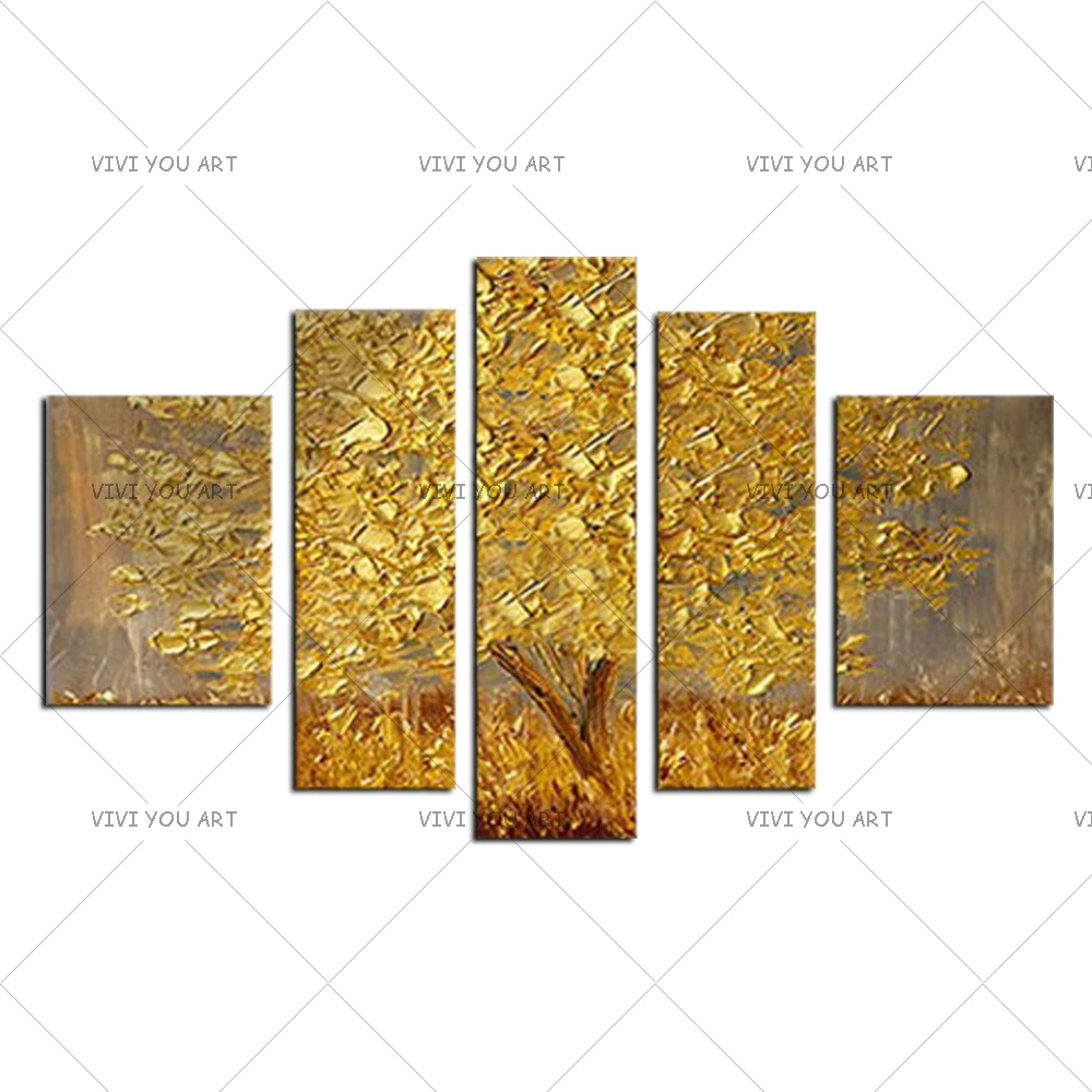 Best Golden Abstract Fortune Lucky Trees Handmade Landscape Oil