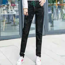 Штаны шаровары для женщин большие размеры ealstic талии Новая мода смешанный хлопок черный джинсы женские повседневные капри Высокая талия yqd0807