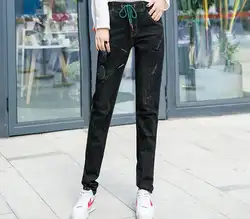 Штаны шаровары для женщин большие размеры ealstic талии Новая мода смешанный хлопок черный джинсы женские повседневные капри Высокая талия