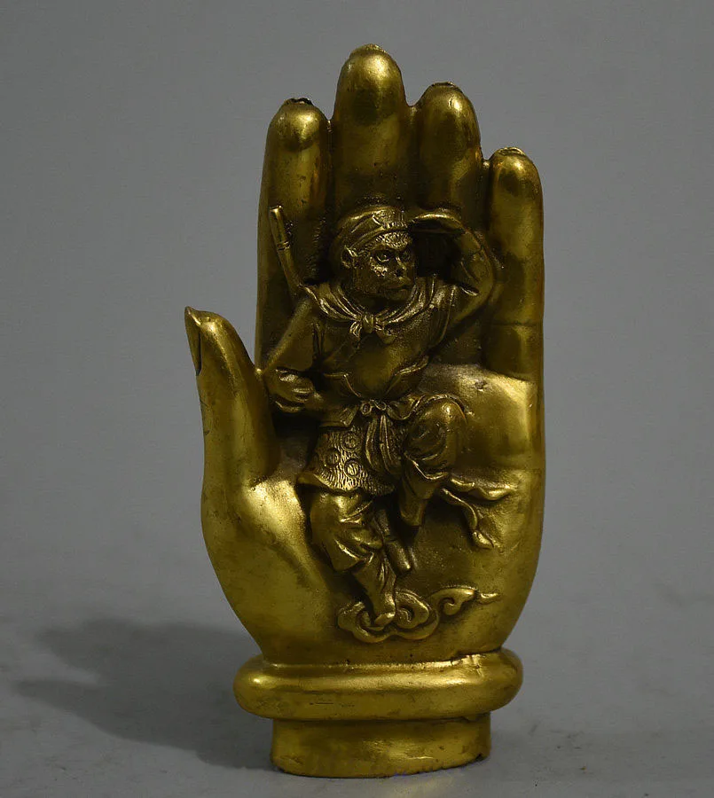 

China Brass Famous Journey West Sun Wukong Monkey King God In Buddha Hand Statue