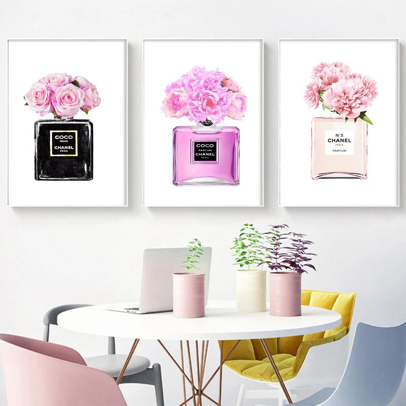 

Fashion Wall Art Canvas Painting Flower Pink Coco Perfume Bottle Girls Bedroom Prints And Poster Wall Pictures For Living Room