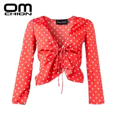 OMCHION Blusas Mujer De Moda 2018 в горошек с v-образным вырезом Для женщин блузки на шнуровке с длинным рукавом Нерегулярные Рубашки пикантные модный топ