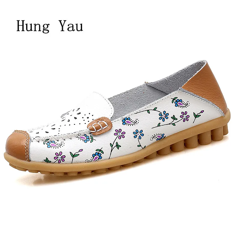 

Women Shoes Flats Genuine Leather 2018 Summer Sandals Fashion Flower Hollow Casual Woman Flat Work Slip On Walking Loafers