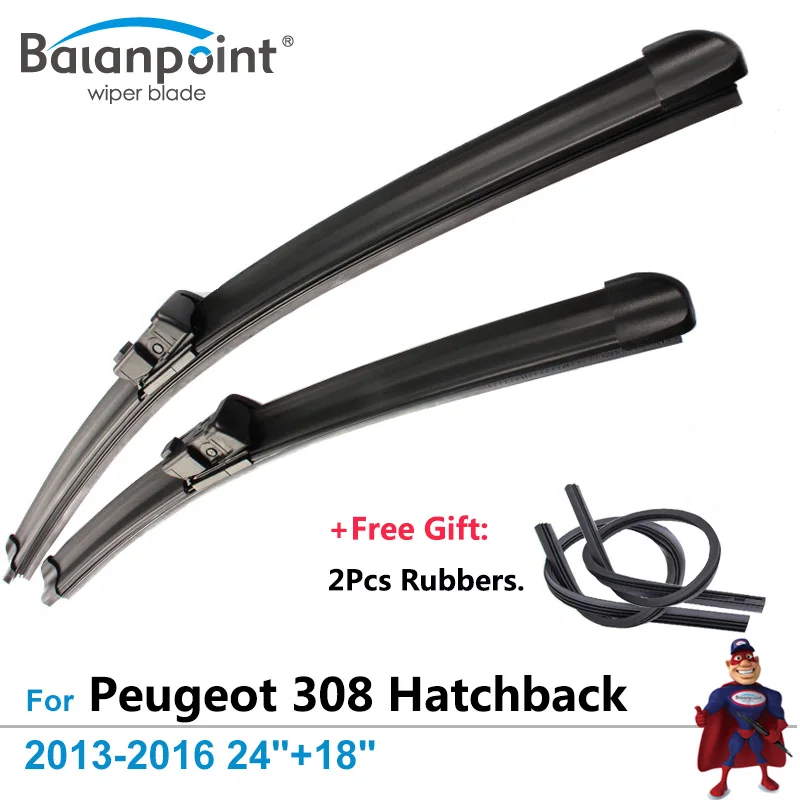 2Pcs Wiper Blades + 2Pcs Free Rubbers for Peugeot 308 Hatchback 2013