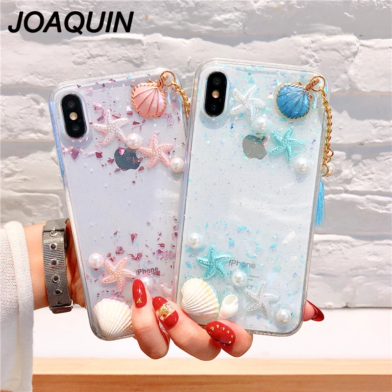 

Beach Shell Starfish Phone Case for iPhone X Ocean Pearl Pendant Soft Candy color 3D Transparent for iPhone 6 6s plus 7 8 plus