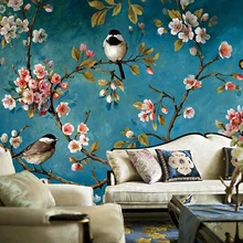 Ручная роспись маслом стиль обои китайские цветы и птицы ретро гостиная ТВ фон обои