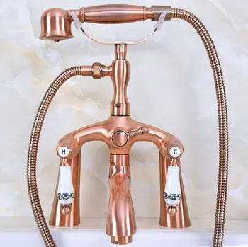 

Antique Red Copper Brass Dual Ceramic Handles Deck Mounted ClawFoot Bath Tub Faucet Mixer Tap With Hand Shower Spray mna167
