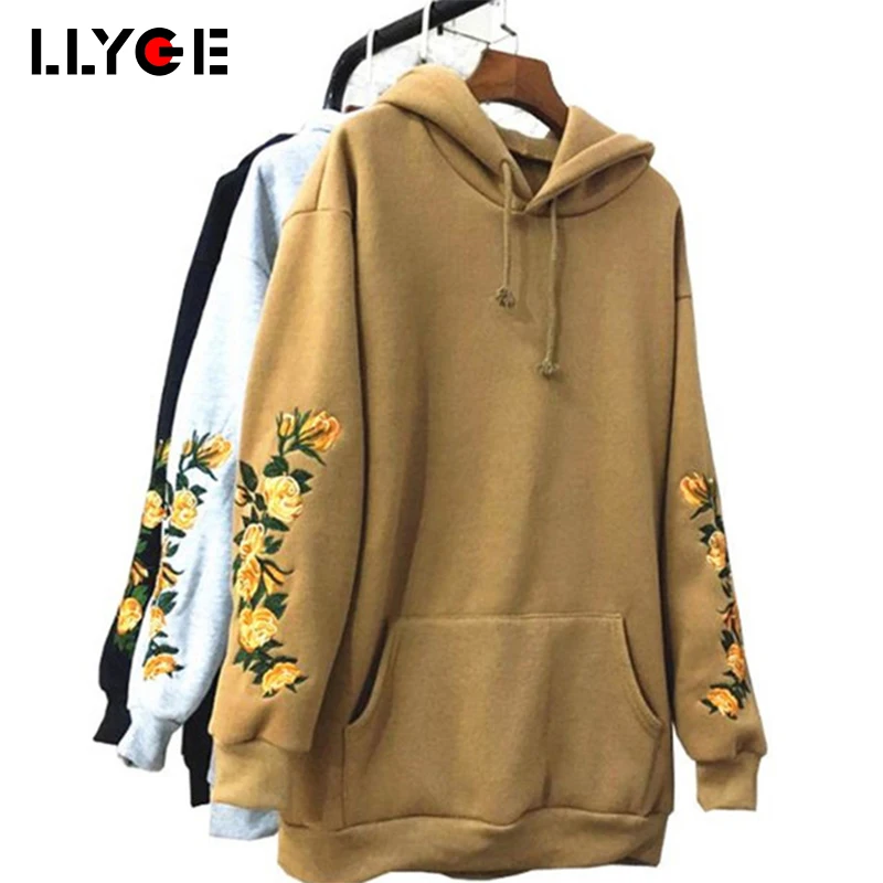 

Hooded Flower Embroider Hoodies For Women Fleece Long Sleeve Women's Hoodie Pullover Autumn 2019 Streetwear Hoody Clothes