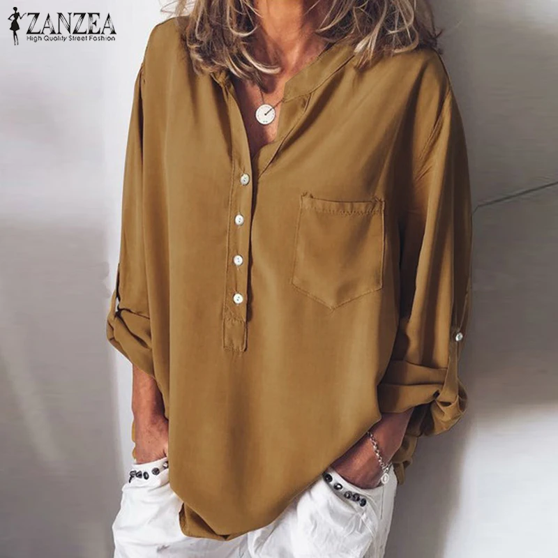 Сексуальная женская блуза на пуговицах с v-образным вырезом ZANZEA Женская Повседневная сорочка Женская Туника топы размера плюс рубашки с длинным рукавом