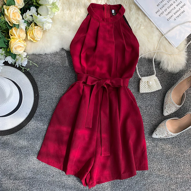

Summer Women Urban Solid Lace-up Sashes Overalls Jumpsuit Office Ladies Halter Sleeveless Shorts Bodysuit Beach Playsuits