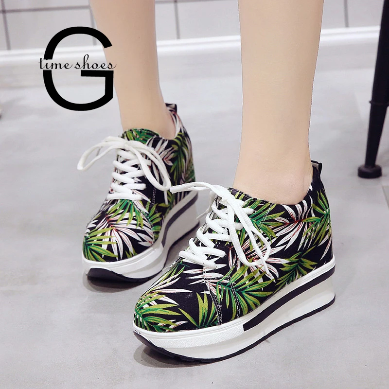 

Dropshipping Gtime Platform Sneakers Shoes Woman Pattern Laces Height Increasing Casual Breathable Tenis Feminino Black SE634