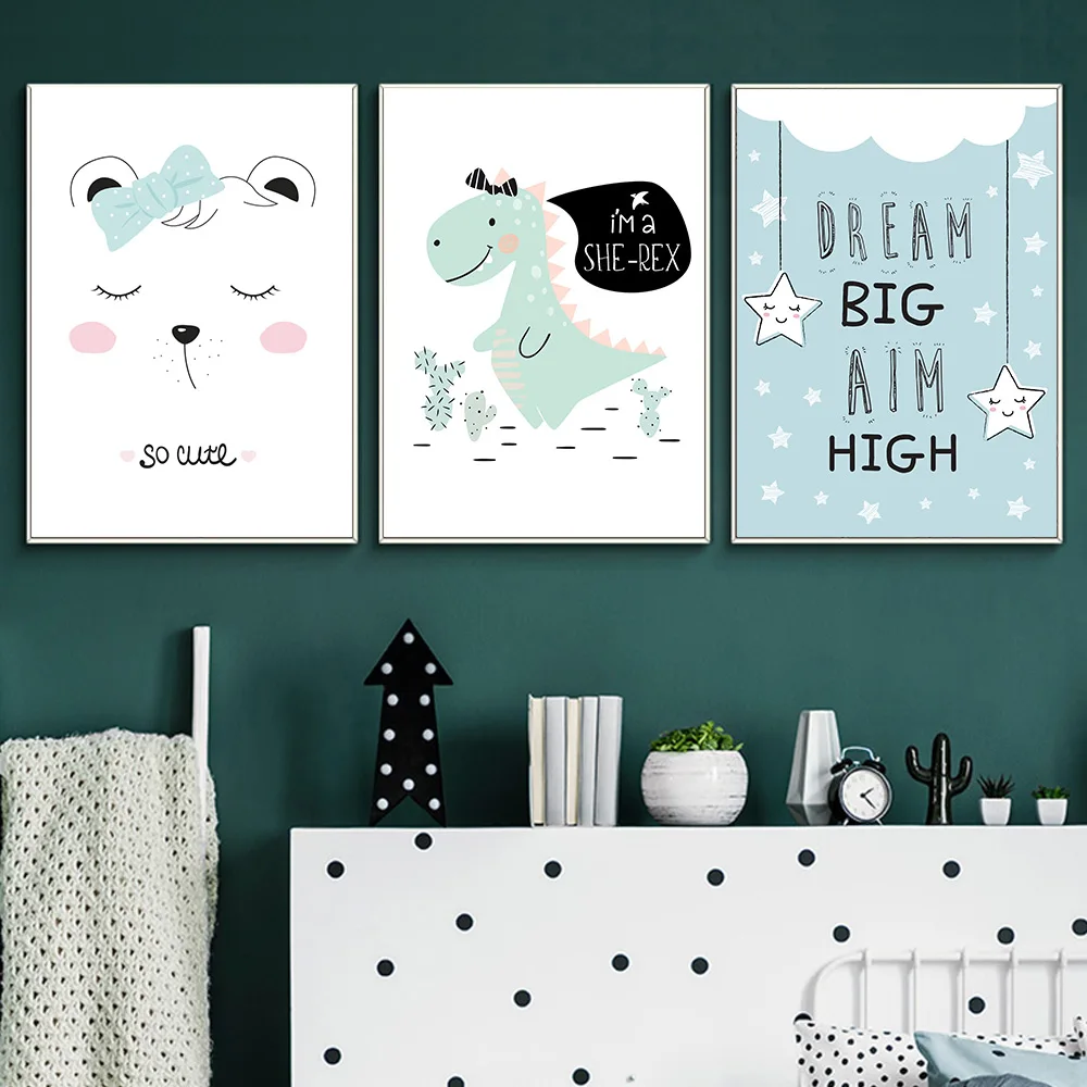 Animal Poster Dinosaur Cartoon Pictures Baby Poster Nordic Kids Room Canvas Art Print Baby Nursery Posters Watercolor Unframed