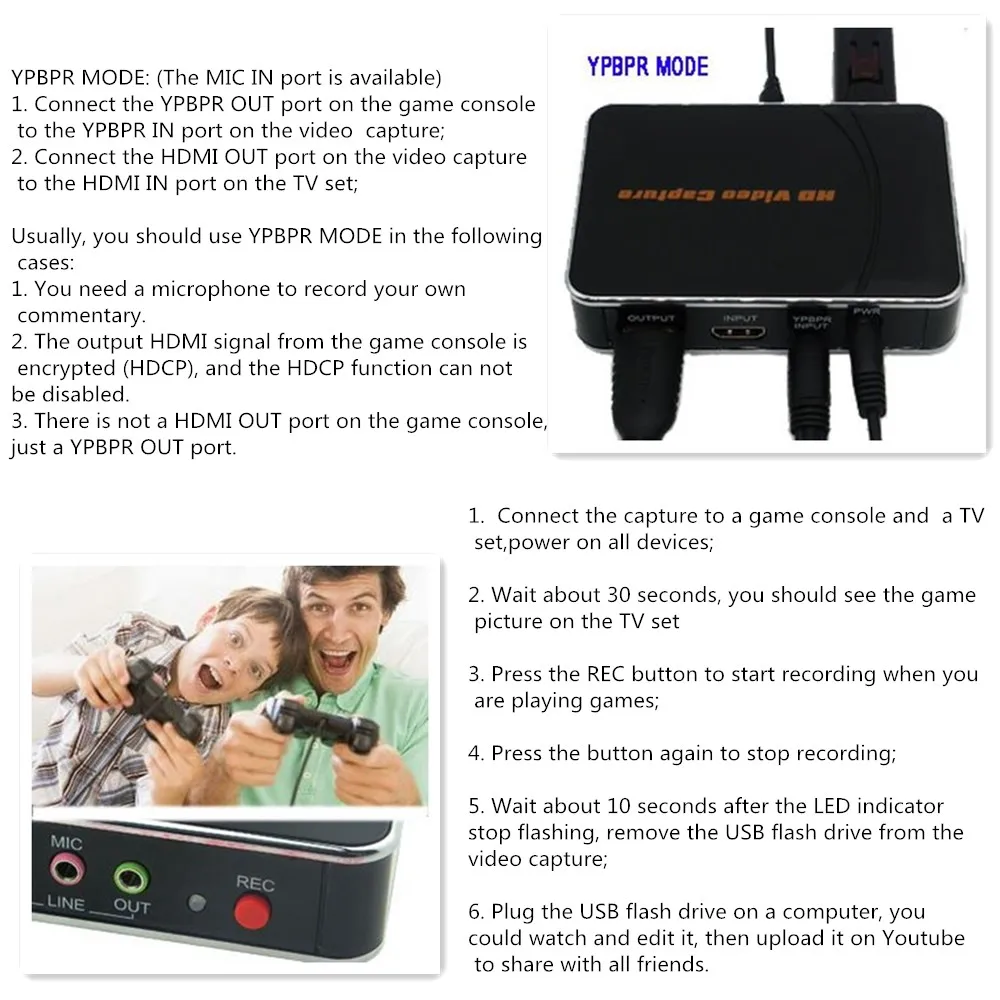 Ezcap HD игровая видеозахвата 1080P HDMI YPBPR рекордер для xbox One/360 PS3/PS4 с одним щелчком без ПК не задал никаких настроек