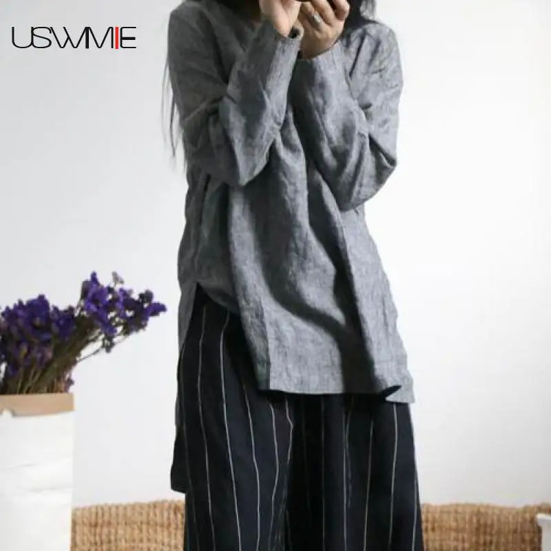 

USWMIE 2018 Summer T Shirt Women New Simple Casual Joker O-neck Solid Color Long Sleeve Irregular Hem Comfort Flax Gray Tops
