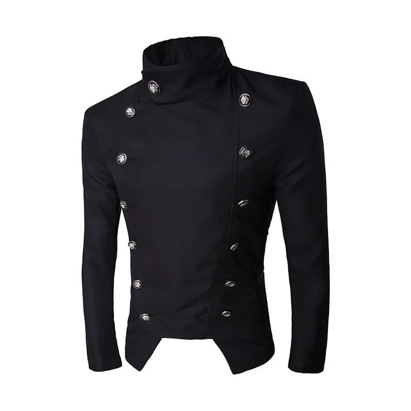 Мужской Блейзер брендовый модный однотонный винтажный двубортный пиджак Повседневный Приталенный пиджак с воротником-стойкой Черная мужская одежда