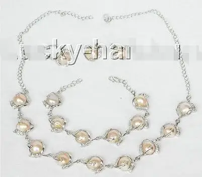 

Free Shipping >> new hot Baroque adjustable 14mm pink pearls necklace bracelet earrings Rings set j8840