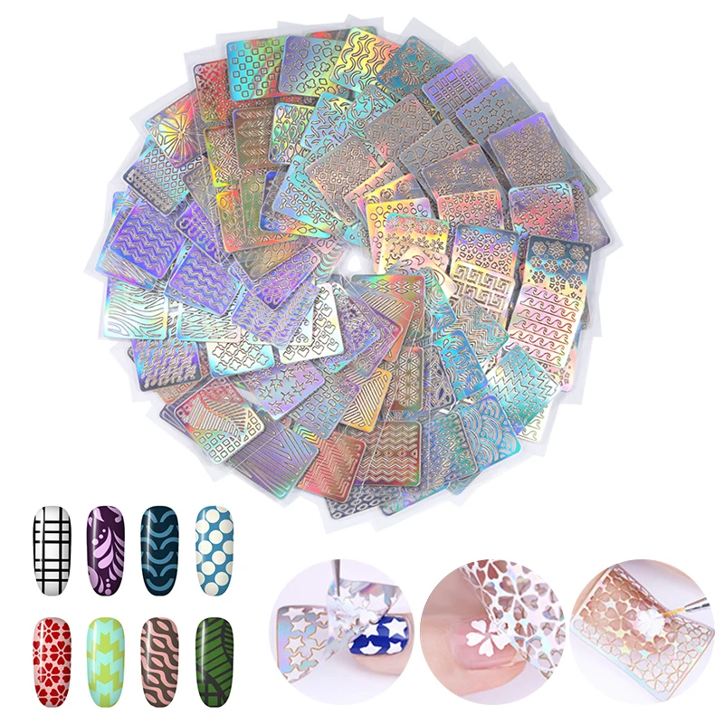 

24 Sheets Laser Hollow Stickers Nail Vinyls Set 6.8*8.8cm Transfer Guide Heart Star Fish Pattern Stencil Hollow Stickers