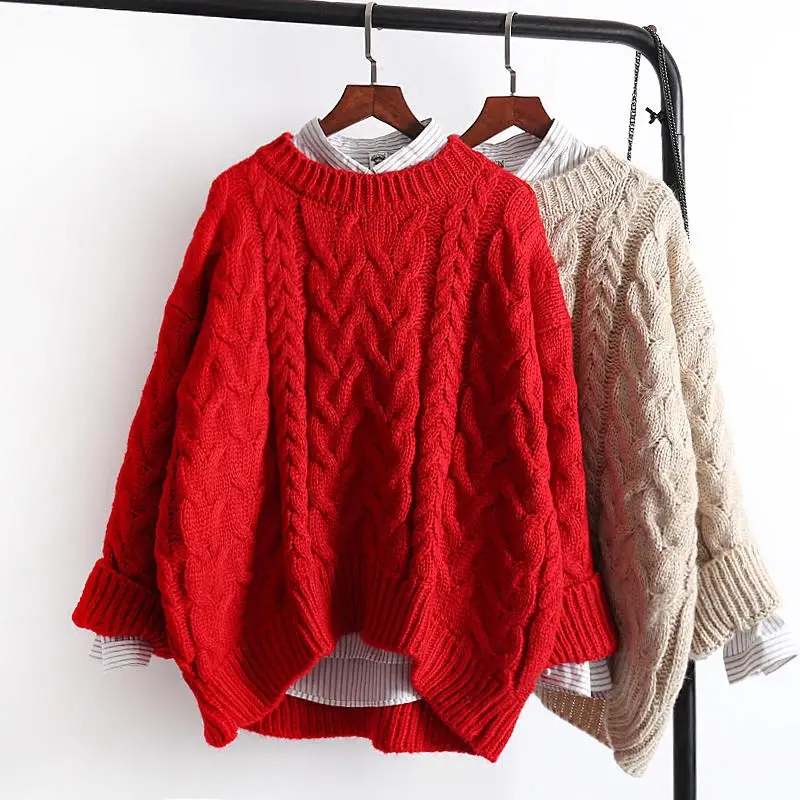 Harajuku свободный свитер женский пуловер длинный рукав вязаный свитер женский теплый толстый негабаритный вязаный свитер женская одежда Q1788