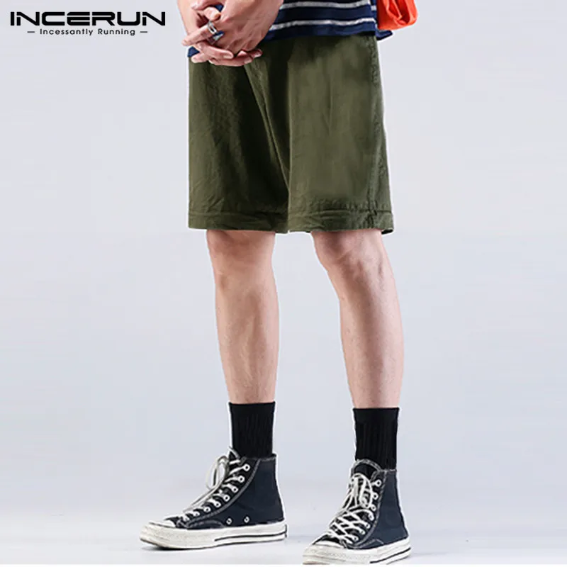 INCERUN/Новинка, однотонные мужские шорты с эластичной резинкой на талии, на молнии, свободные, два вида одежды, рабочие шорты, прямые спортивные повседневные брюки 5XL