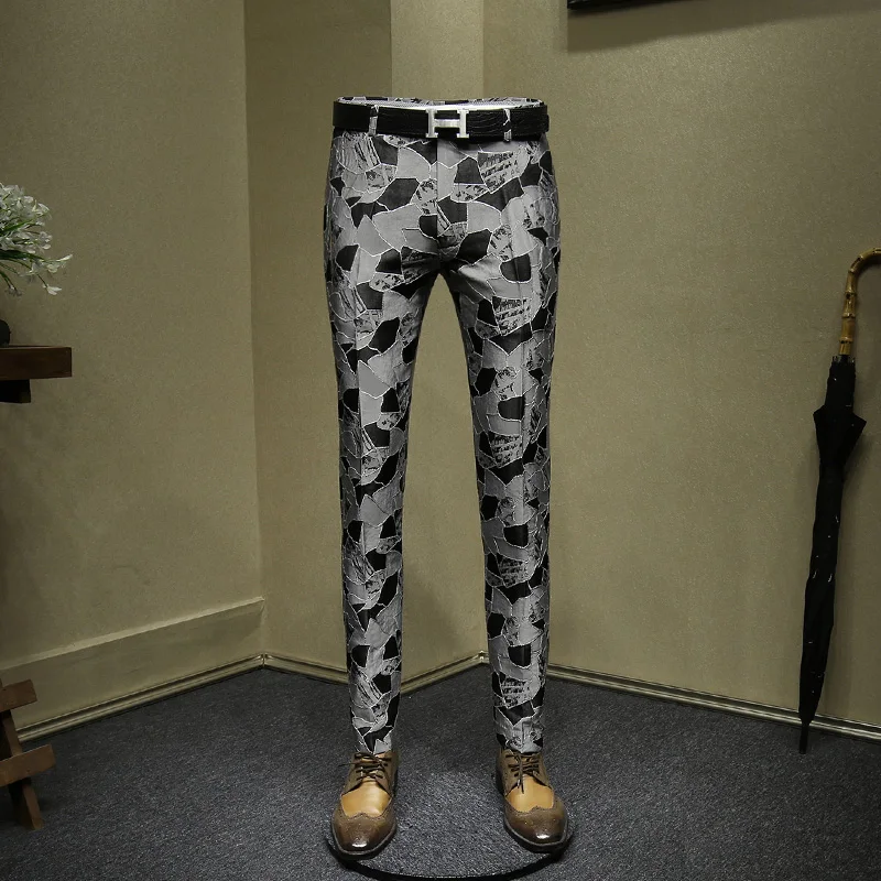 mens dress pants fashion jacquard night club wear young man slim fit pant grey black suit men casual trousers 36