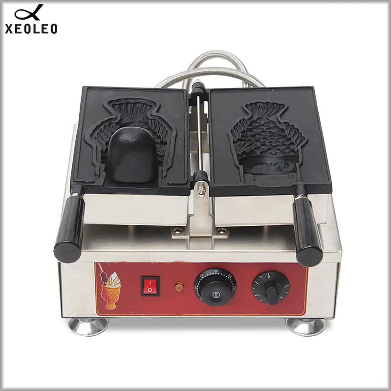 XEOLEO Taiyaki machine Ice Cream taiyaki maker 2000W korea single fish cone maker Fish Waffle maker Open Mouth 220V/110V korea street food fish shape with electric open mouth taiyaki waffle maker