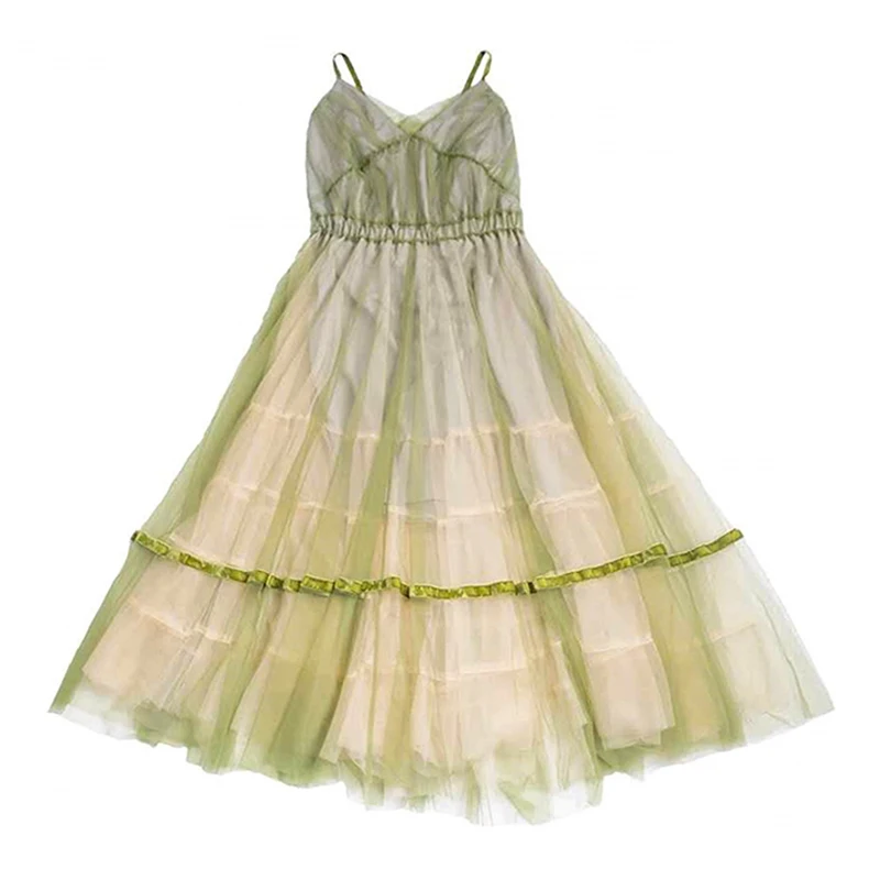 

PERHAPS U green mesh v neck sleeveless spaghetti srtap fairy dress beach Vacation maxi dress D1205