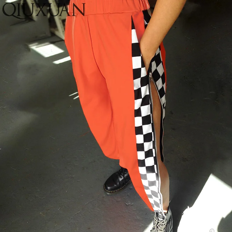 

Qiuxuan Spring Autumn Fashion Women Joggers Elastic High Waist Black and White Side Patchwork Harem Pants Zipper Detail Pants