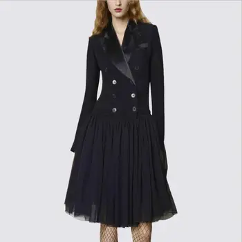 

spring autumn Women Blazer Dress Black Mesh Patchwork long sleeve double breasted Vintage office lady a-line pleated Dress