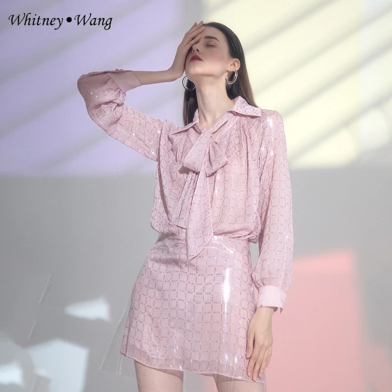WHITNEY Ван 2018 Осенняя мода элегантный со стразами и бантом блузка Для женщин blusas