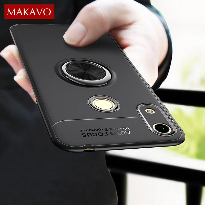 

MAKAVO For Huawei Honor 8A Pro Case Finger Ring Holder Matte Soft Silicone Back Cover For Honor 8A Phone Case Housing Skin
